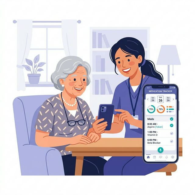 Smiling patient and caregiver looking at phone